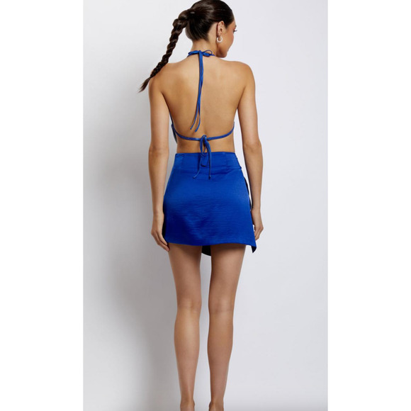*NWT* Meshki Cobalt Blue Asymmetrical Mini Satin Wrap Skirt Size S - Picture 2 of 8